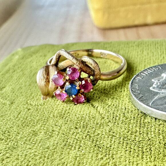 Vintage 14 K flower ruby and sapphire ring - Picture 9 of 9